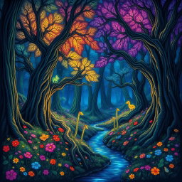 A vivid and intricate drawing of a mystical forest, featuring towering ancient trees with vibrant, luminescent leaves