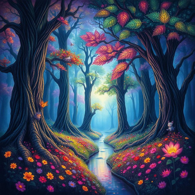 A vivid and intricate drawing of a mystical forest, featuring towering ancient trees with vibrant, luminescent leaves