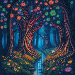 A vivid and intricate drawing of a mystical forest, featuring towering ancient trees with vibrant, luminescent leaves