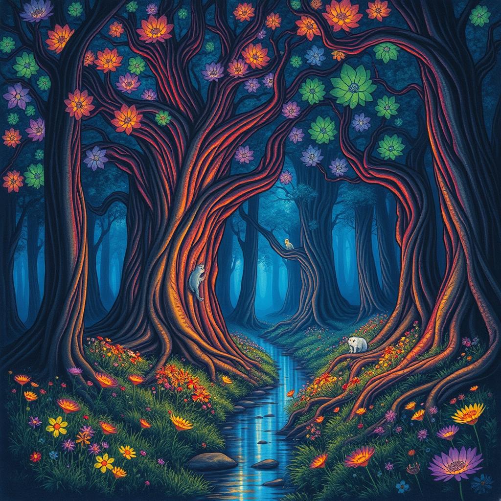 A vivid and intricate drawing of a mystical forest, featuring towering ancient trees with vibrant, luminescent leaves