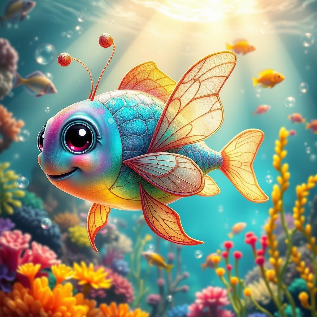 A fantastic and whimsical creature called a Gallerinafis, a combination of a colorful fish and a delicate butterfly, with iridescent scales and translucent wings that shimmer in the light