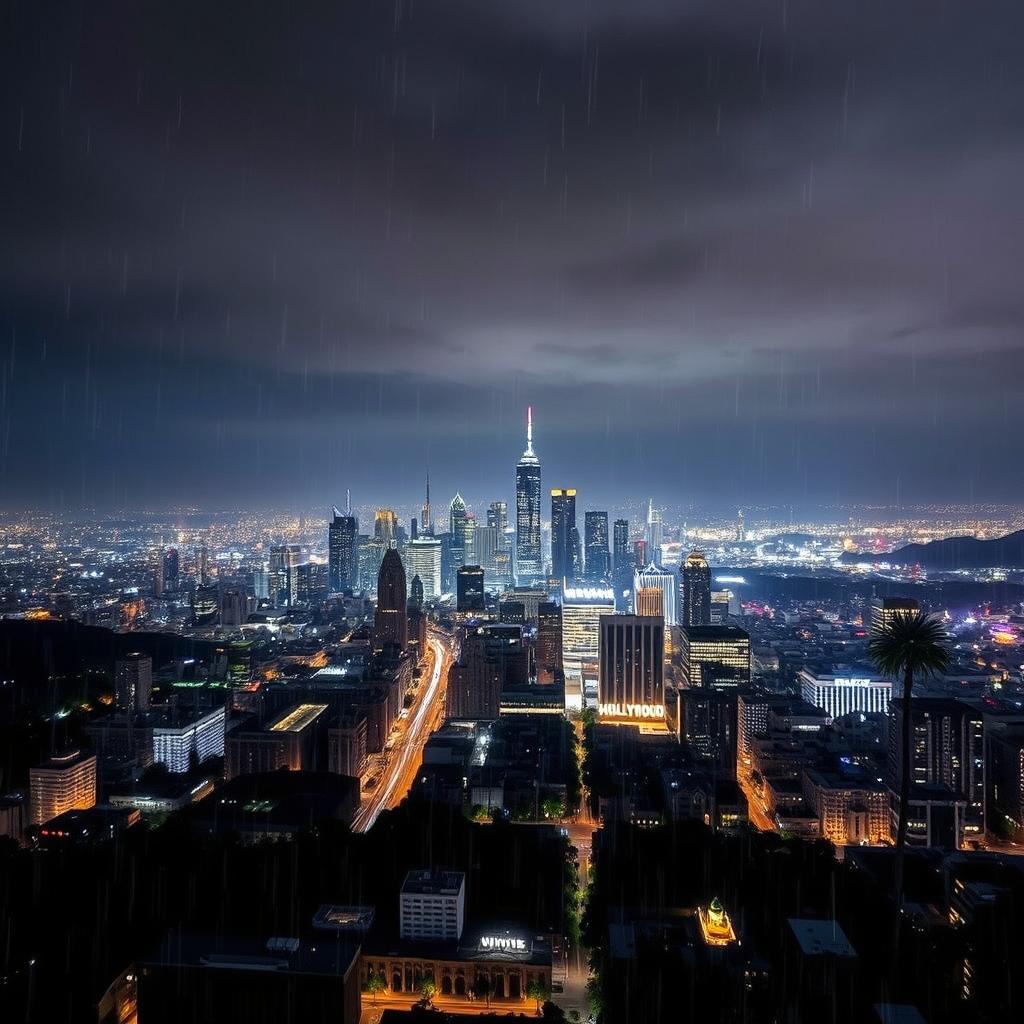 A stunning night view of Los Angeles from the top of a tall building, captured during a rain shower