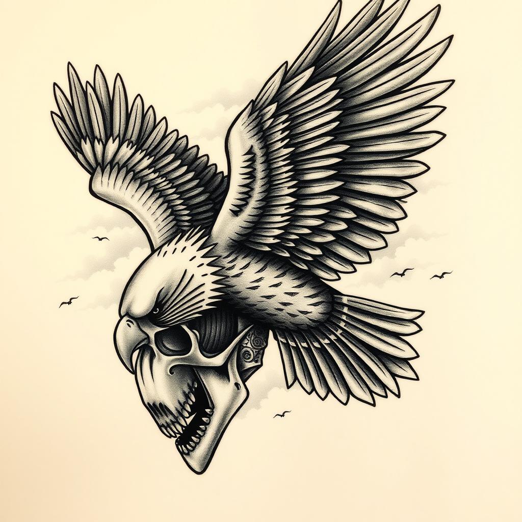 A detailed tattoo design of a majestic eagle gripping a human skull in its powerful claws