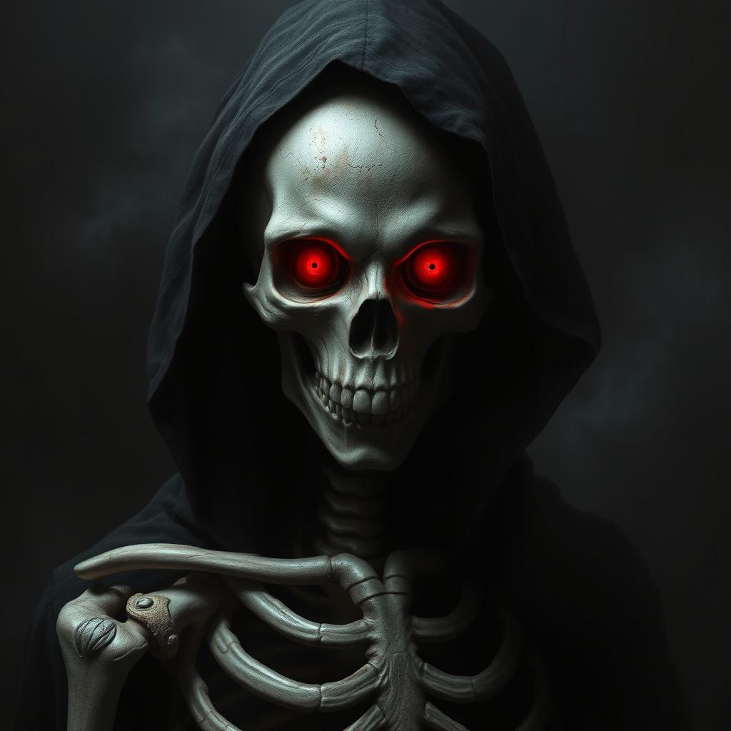 An artistic representation of a character that is half skeleton and half shadowy figure, with glowing red eyes piercing through the darkness