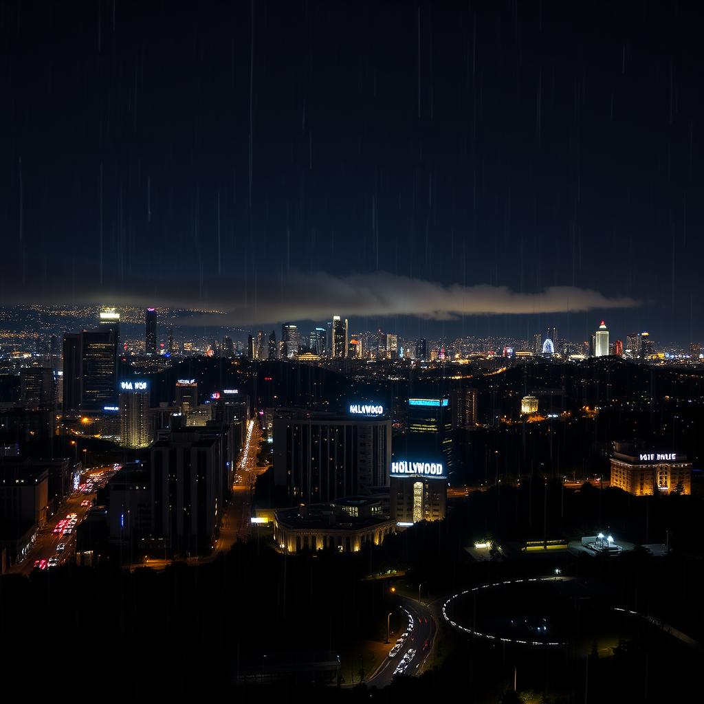 A breathtaking night view of Los Angeles from a tall building's rooftop, captured during a gentle rain shower