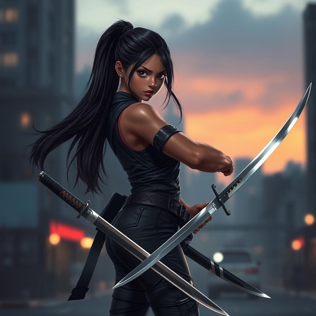 A fierce and skilled assassin, a young brown girl, standing confidently with two gleaming katanas in her hands