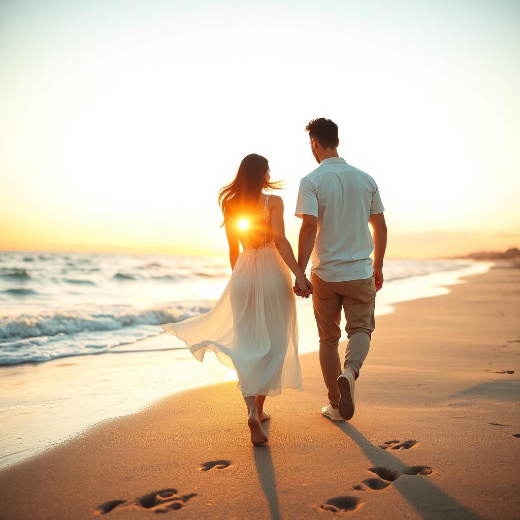 A romantic and heartwarming photo merge of a couple at sunset on a beach