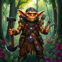 A vibrant and colorful drawing of a goblin in a lush, green forest setting