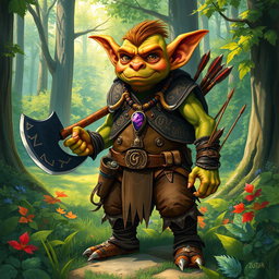 A vibrant and colorful drawing of a goblin in a lush, green forest setting