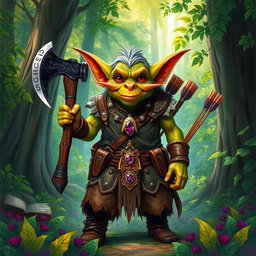 A vibrant and colorful drawing of a goblin in a lush, green forest setting
