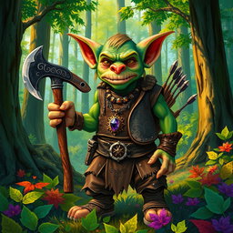 A vibrant and colorful drawing of a goblin in a lush, green forest setting