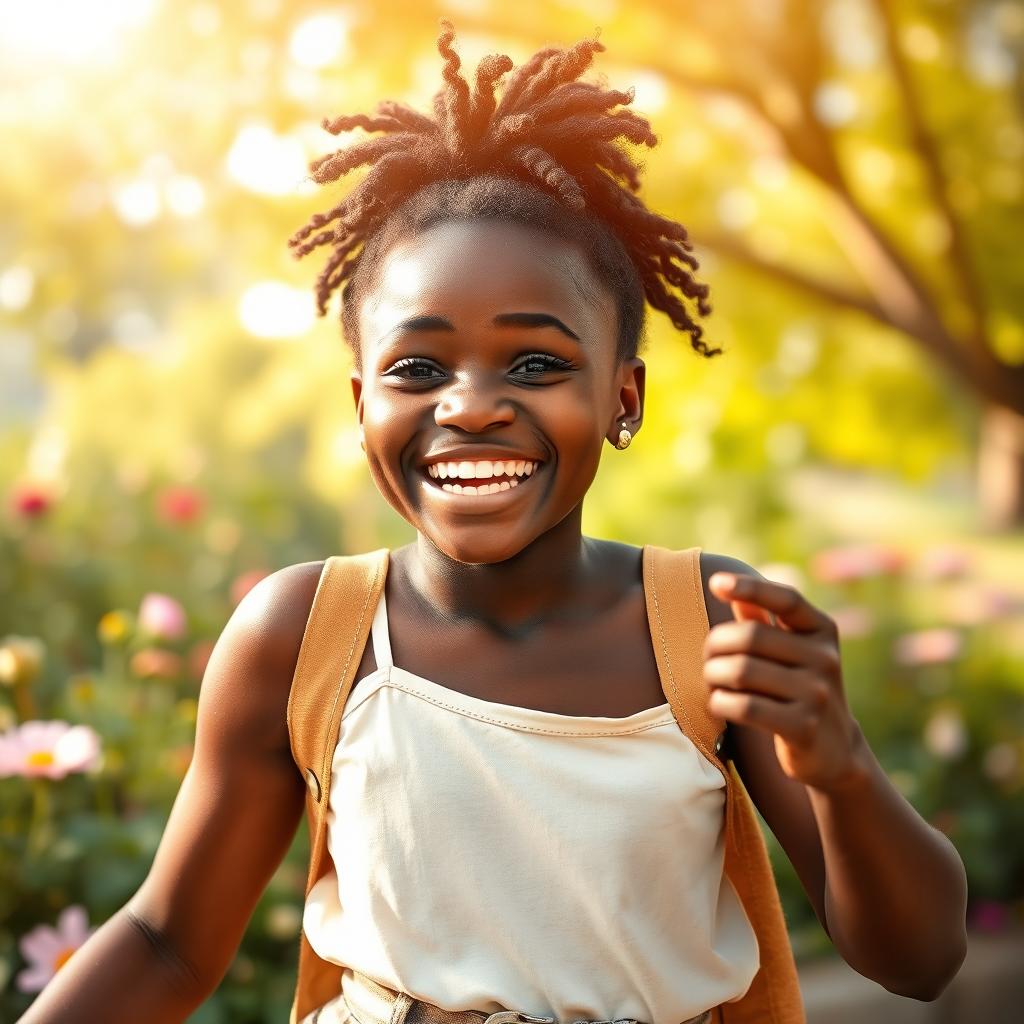 A beautiful ebony girl with a radiant smile, wearing a stylish outfit, joyfully engaging in playful activities in a bright and cheerful setting