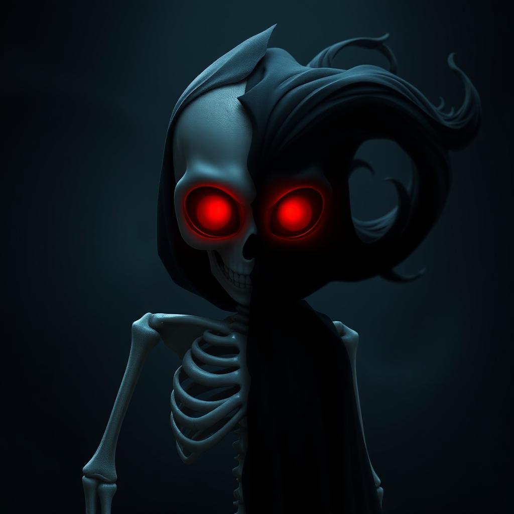 An animation featuring an emotionless half-skeleton and half-black shadow figure
