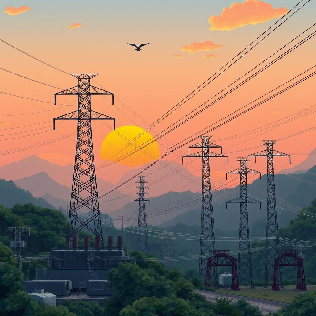 An intricate illustration of a high-voltage electricity distribution system, showcasing towering transmission lines stretching across a dramatic landscape