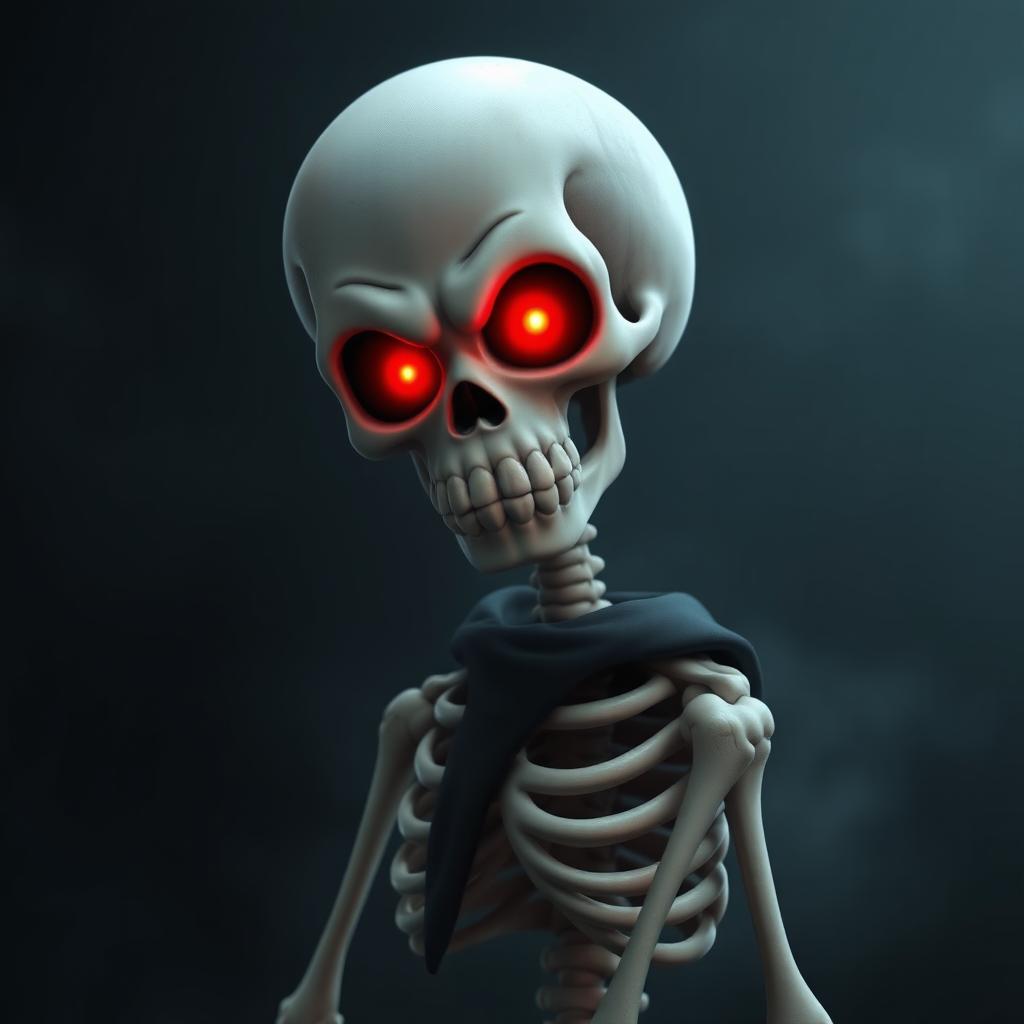 An animation of a character that is half skeleton and half black shadow, featuring emotionless traits