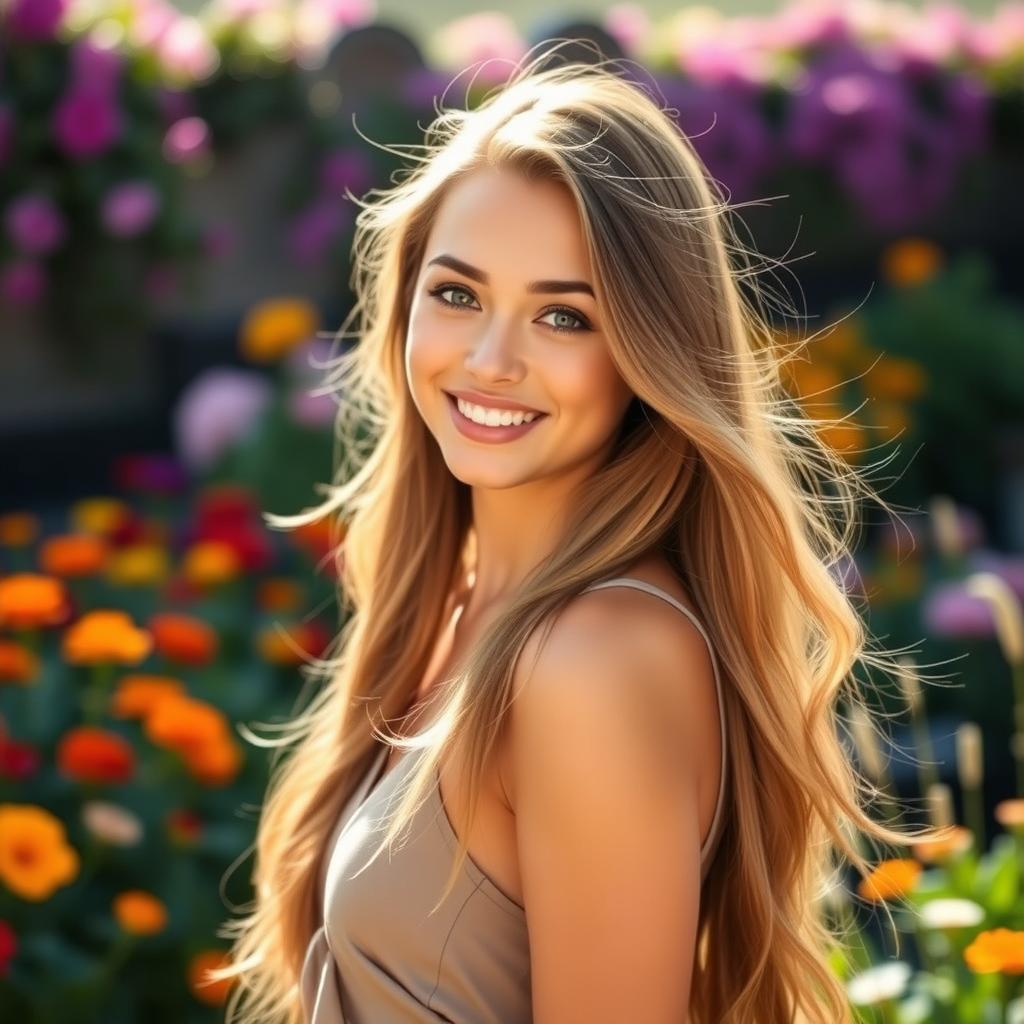 A beautiful young woman with long flowing hair and bright eyes, wearing a stylish outfit, standing in a vibrant outdoor setting filled with colorful flowers and greenery