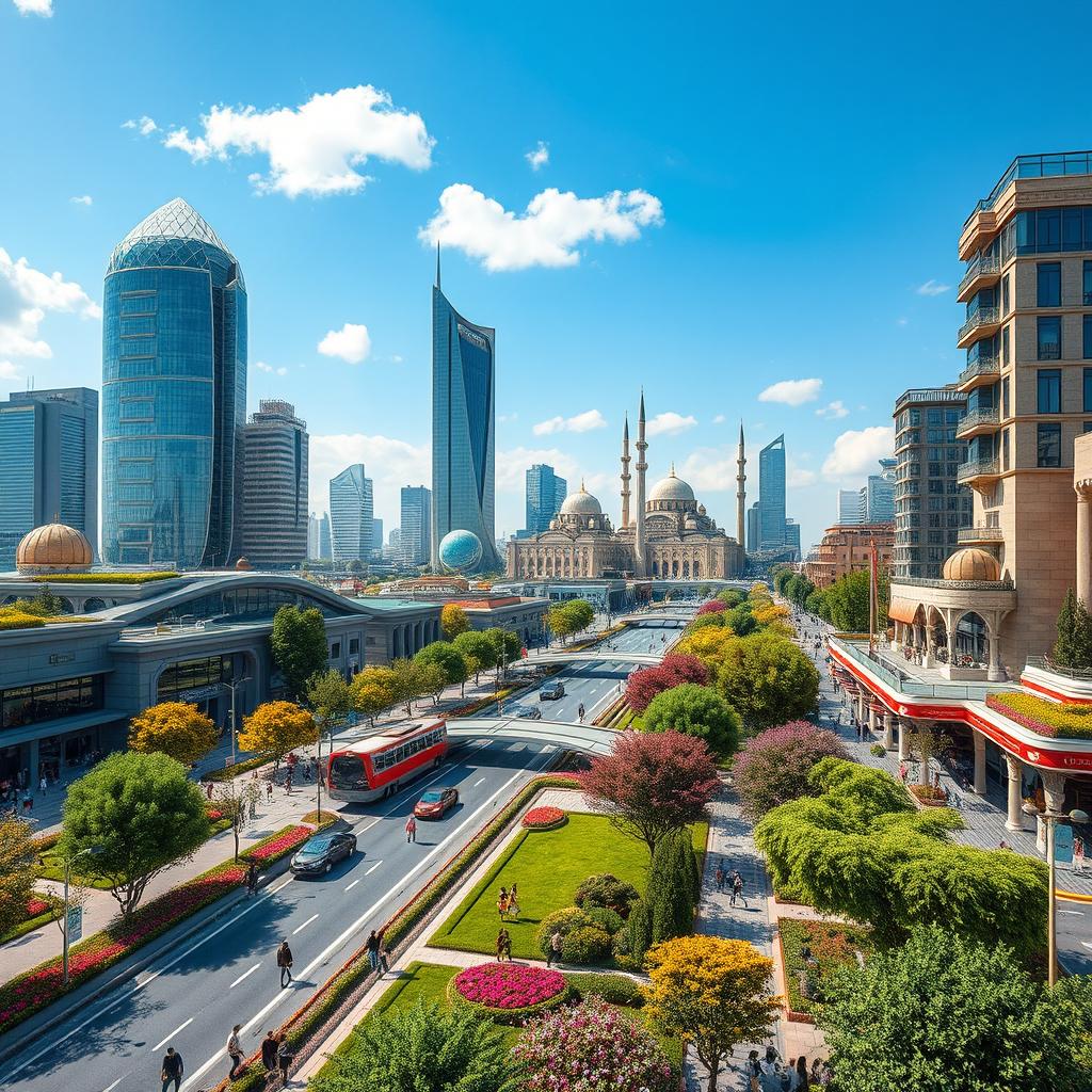 A futuristic vision of Iran five years from now, showcasing a blend of modern and traditional architecture in a vibrant cityscape
