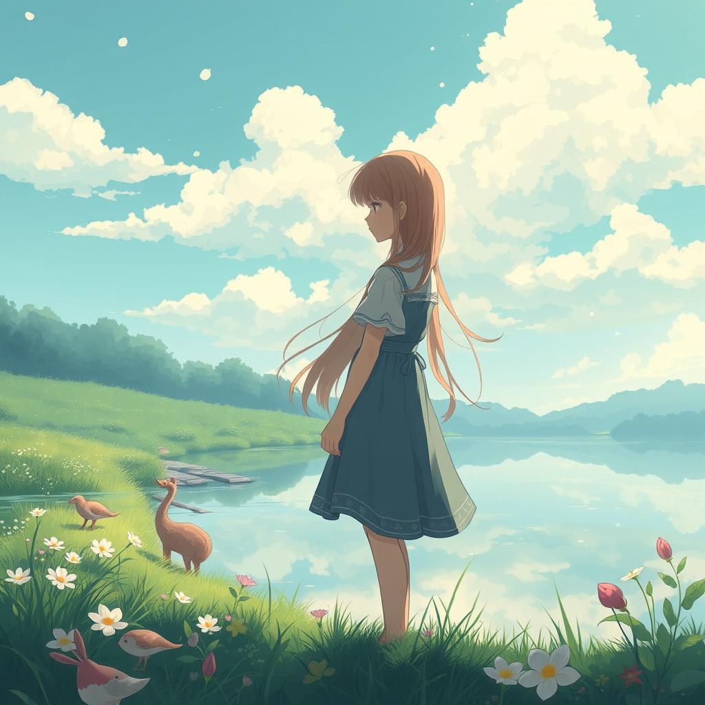 An anime girl in the enchanting Ghibli style, standing quietly by a serene river, gazing contemplatively at the water