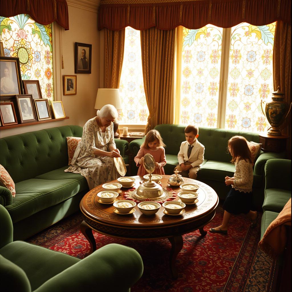 A 1960s Iranian living room filled with rich details: elegant Persian rugs cover the floor, and plush green velvet couches sit invitingly