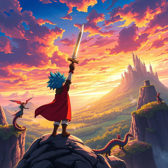 An original anime scene depicting a vibrant fantasy world, featuring a courageous young warrior with spiky blue hair and a flowing red cape, standing atop a rocky cliff