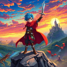 An original anime scene depicting a vibrant fantasy world, featuring a courageous young warrior with spiky blue hair and a flowing red cape, standing atop a rocky cliff