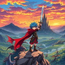 An original anime scene depicting a vibrant fantasy world, featuring a courageous young warrior with spiky blue hair and a flowing red cape, standing atop a rocky cliff