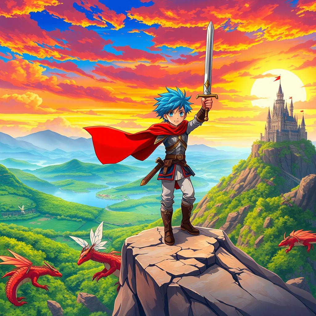 An original anime scene depicting a vibrant fantasy world, featuring a courageous young warrior with spiky blue hair and a flowing red cape, standing atop a rocky cliff
