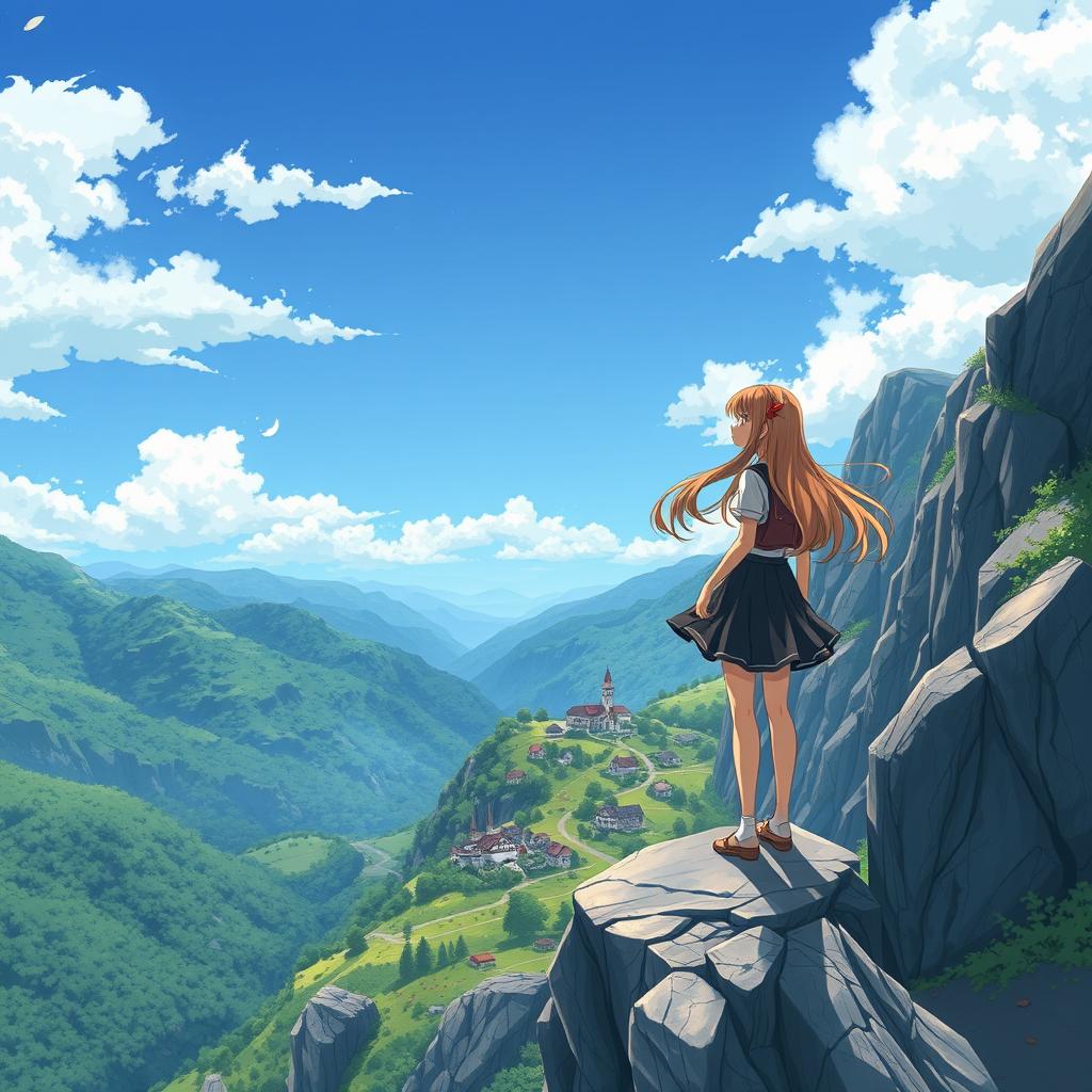 A beautiful anime girl in the Ghibli style, standing atop a rocky mountain ledge, with her long hair flowing in the wind