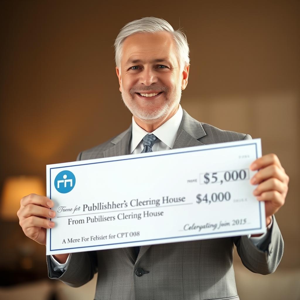 A realistic portrait of a smiling white man wearing a well-tailored suit, proudly holding a large check from Publishers Clearing House
