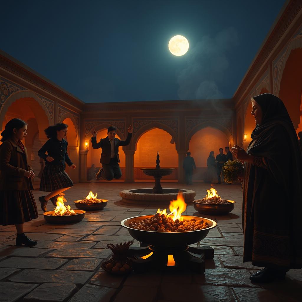 A moonlit night scene set in a 1960s Qajar-era courtyard, featuring teenagers wearing wool coats and pleated skirts joyfully jumping over small bonfires