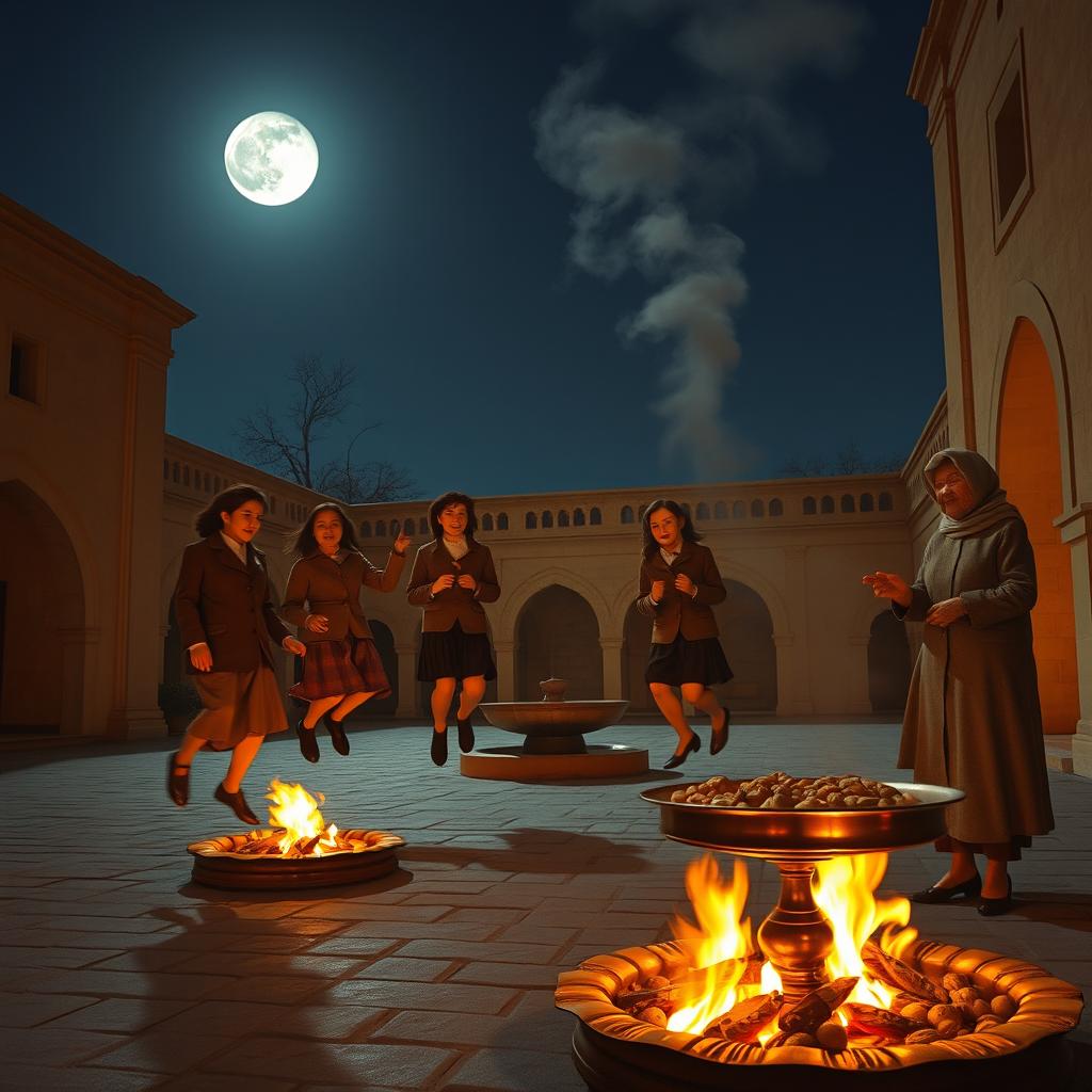 A moonlit night in a 1960s Qajar-era courtyard featuring teens in vintage wool coats and pleated skirts joyfully jumping over small bonfires