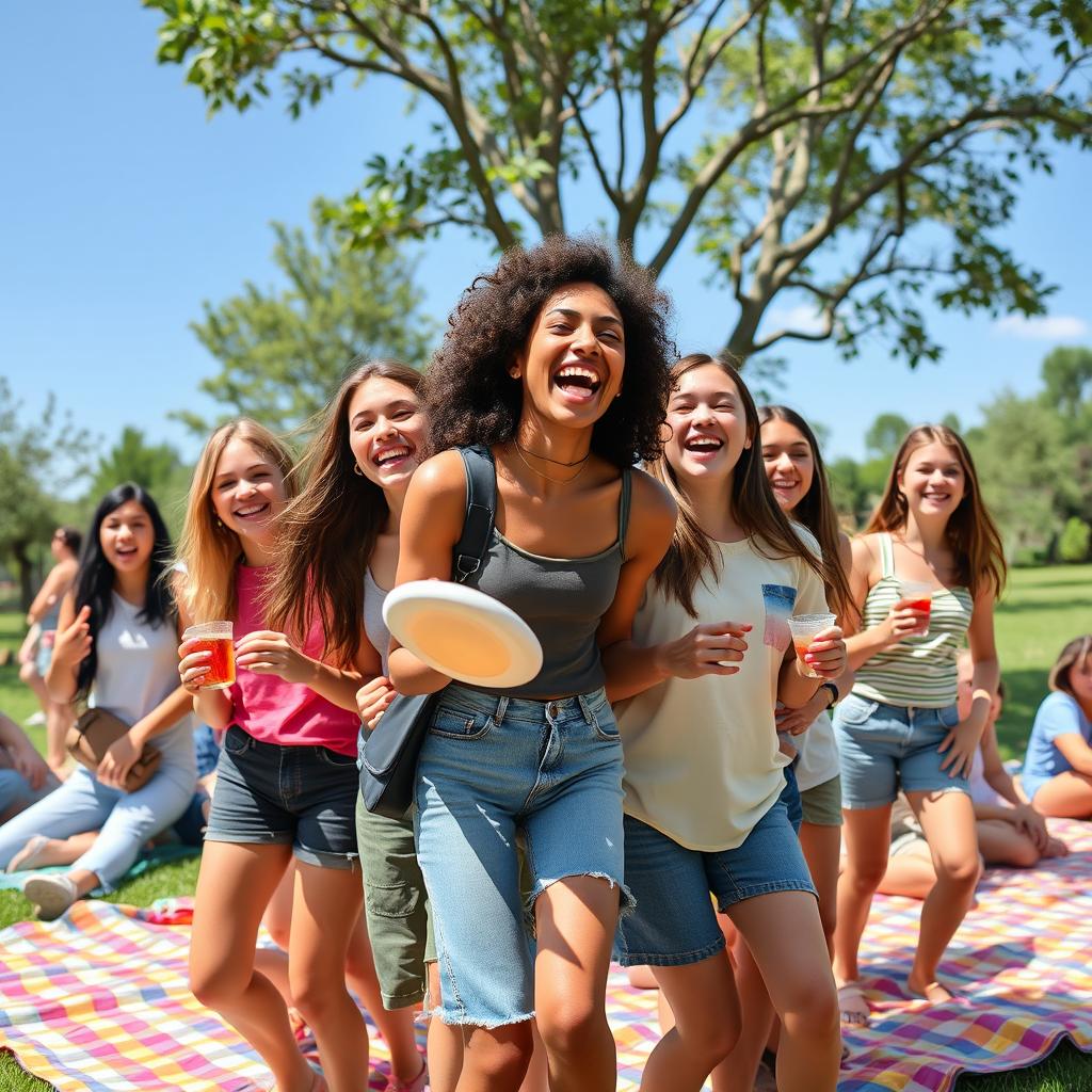 A lively and cheerful scene depicting a group of 16-year-old students engaged in a fun outdoor activity at a school picnic