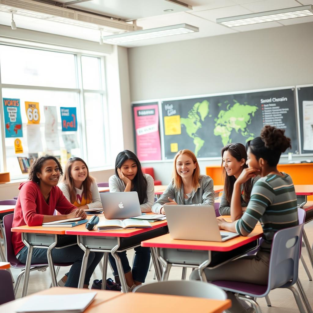 A group of diverse 16-year-old students, representing both genders, engaged in a lively discussion in a modern classroom