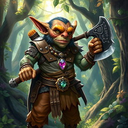 A colorful illustration of a goblin set in a vibrant, enchanted forest