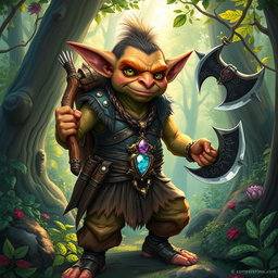 A colorful illustration of a goblin set in a vibrant, enchanted forest