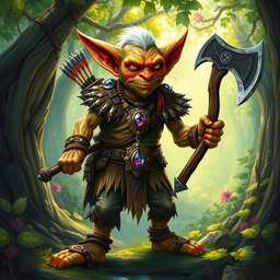 A colorful illustration of a goblin set in a vibrant, enchanted forest