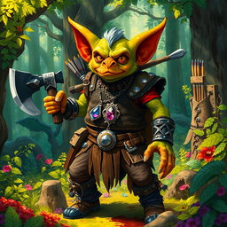 A colorful illustration of a goblin set in a vibrant, enchanted forest