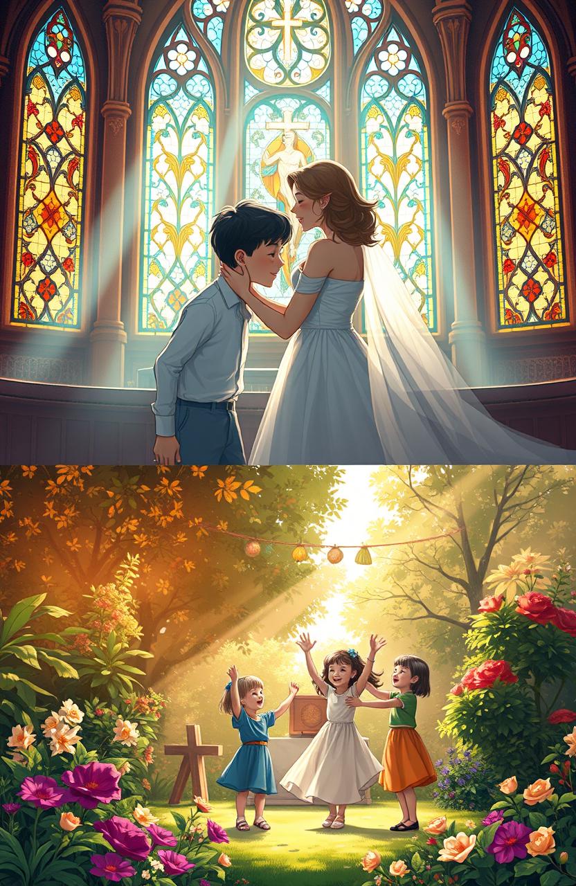A heartwarming and inspirational scene depicting a young boy falling in love with a beautiful lady inside a beautifully decorated church, filled with stained glass windows and warm, soft light streaming in
