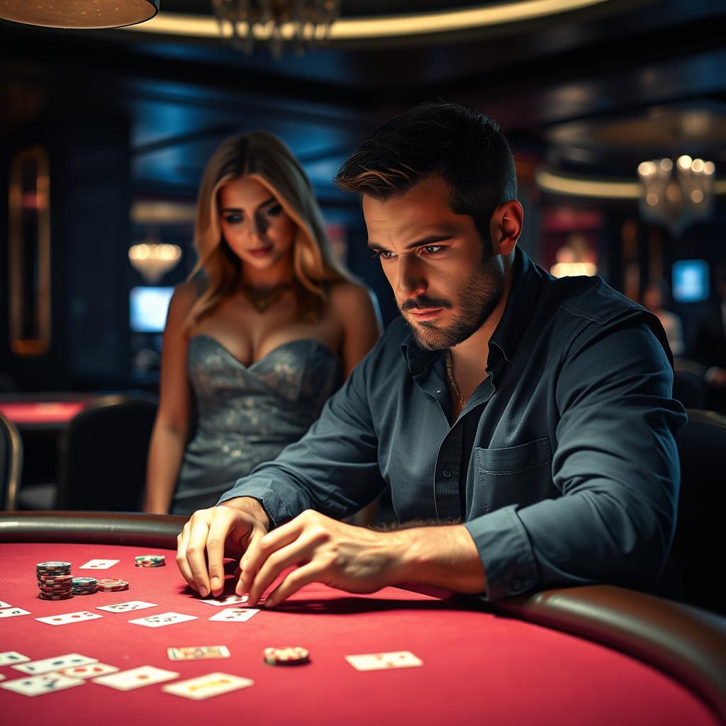 A man playing poker at a dimly lit table, fully focused on his cards, with an expression of concentration