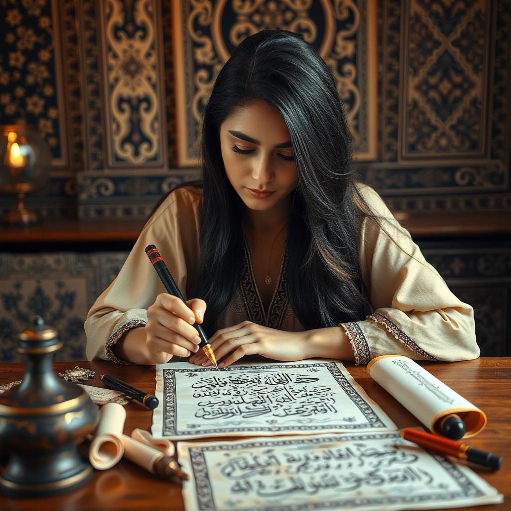 A stunning Iranian girl with long dark hair sitting gracefully at a wooden table, surrounded by traditional Persian art and decor