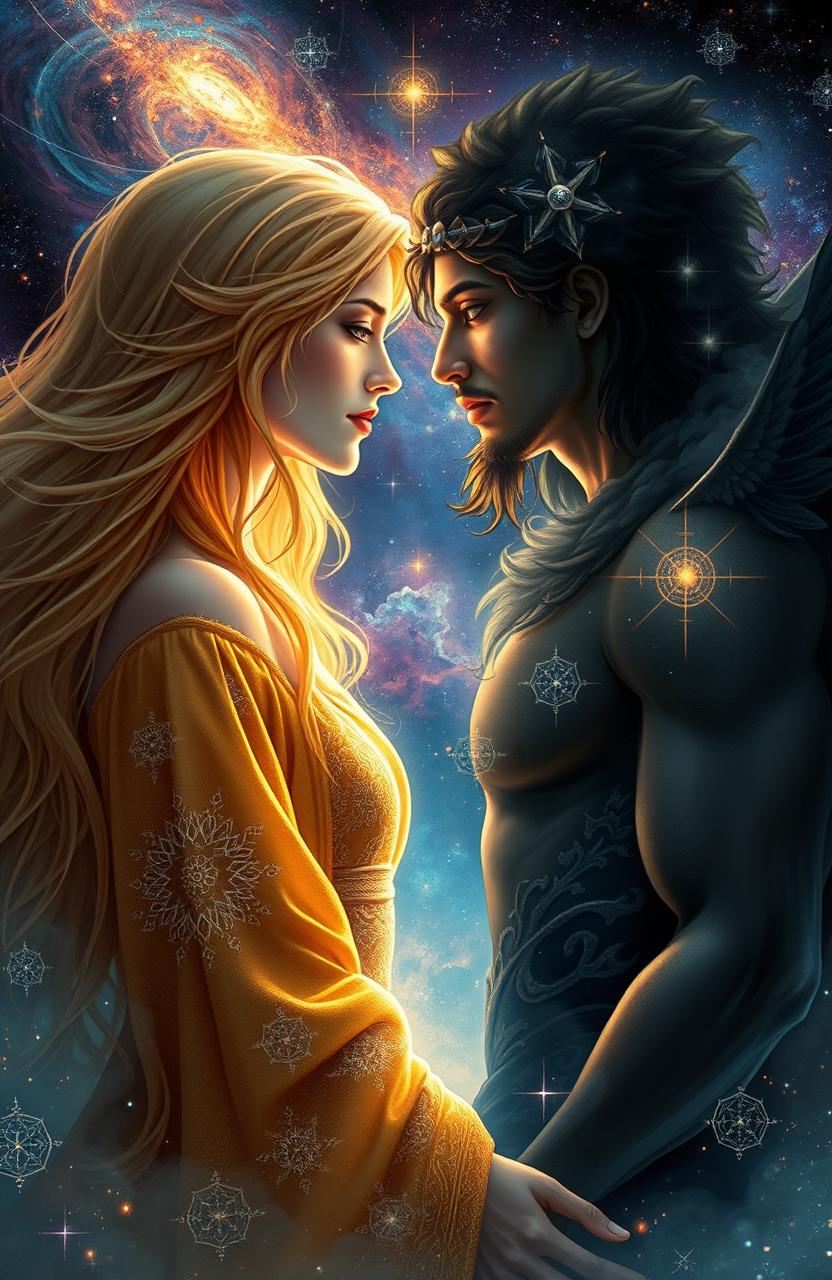 A dramatic depiction of love between gods, set in an ethereal celestial realm filled with swirling galaxies and radiant star formations