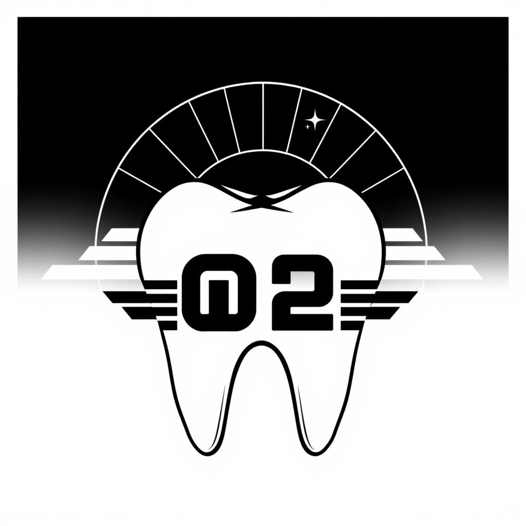 A retrowave inspired black and white illustration of a tooth, stylized with geometric shapes and bold lines typical of the retrowave aesthetic