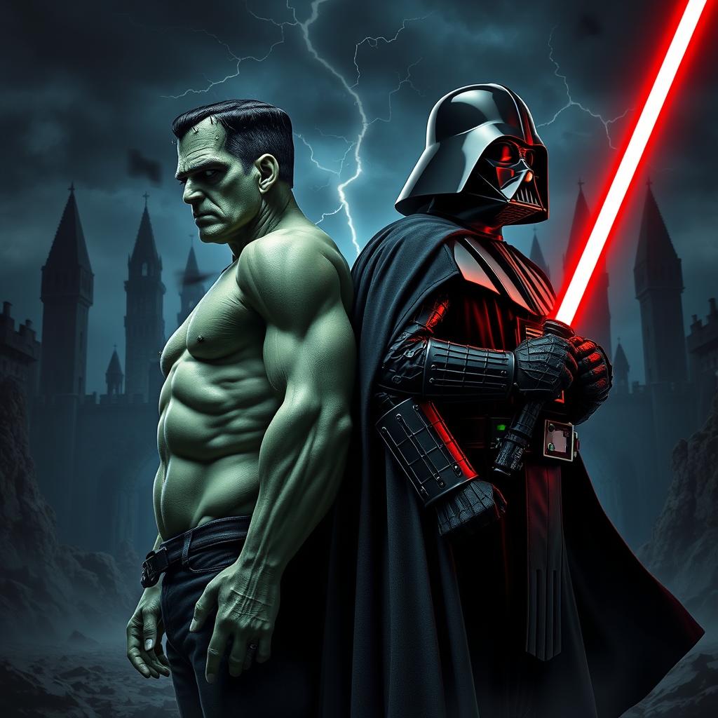 A dramatic crossover scene featuring Frankenstein and Darth Vader standing back to back in a dark, eerie landscape