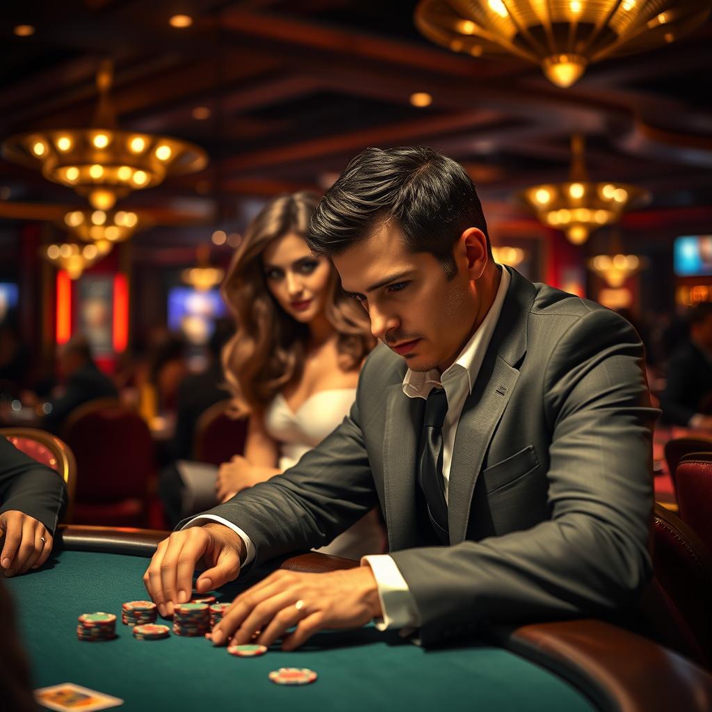 A man intensely focused on playing a game of poker at a casino table, with poker chips and cards in front of him