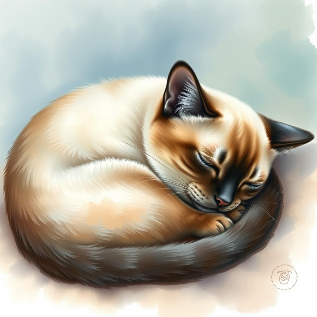 A realistic depiction of a Siamese cat sleeping peacefully, showcasing its distinctive fur patterns and blue almond-shaped eyes
