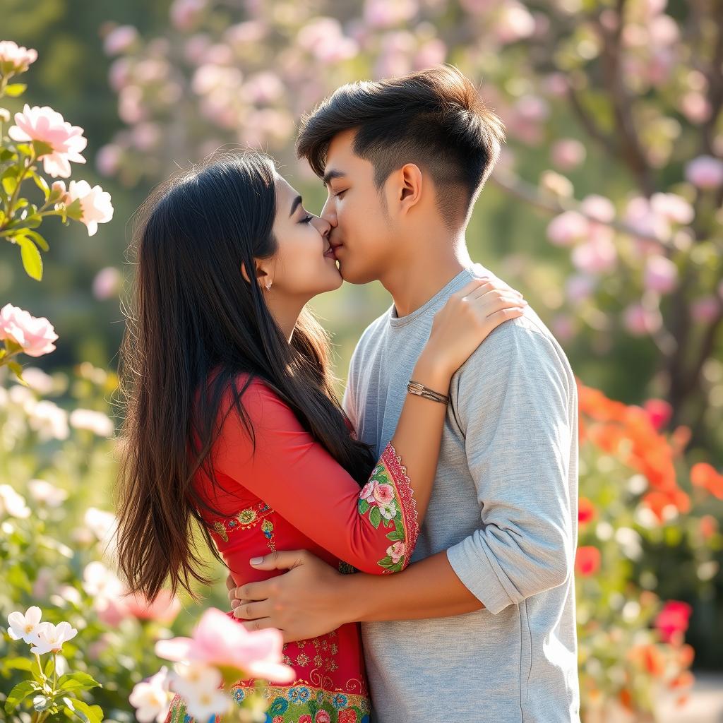 A romantic scene capturing an Iranian boy and girl sharing a kiss in a beautiful outdoor setting, surrounded by blooming flowers and lush greenery