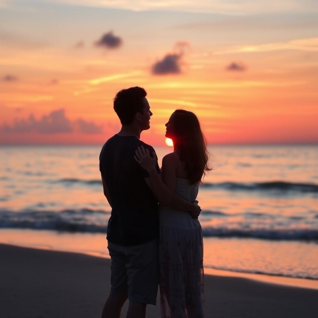 A romantic scene featuring a man and a woman embraced together on a beach, watching a stunning sunset