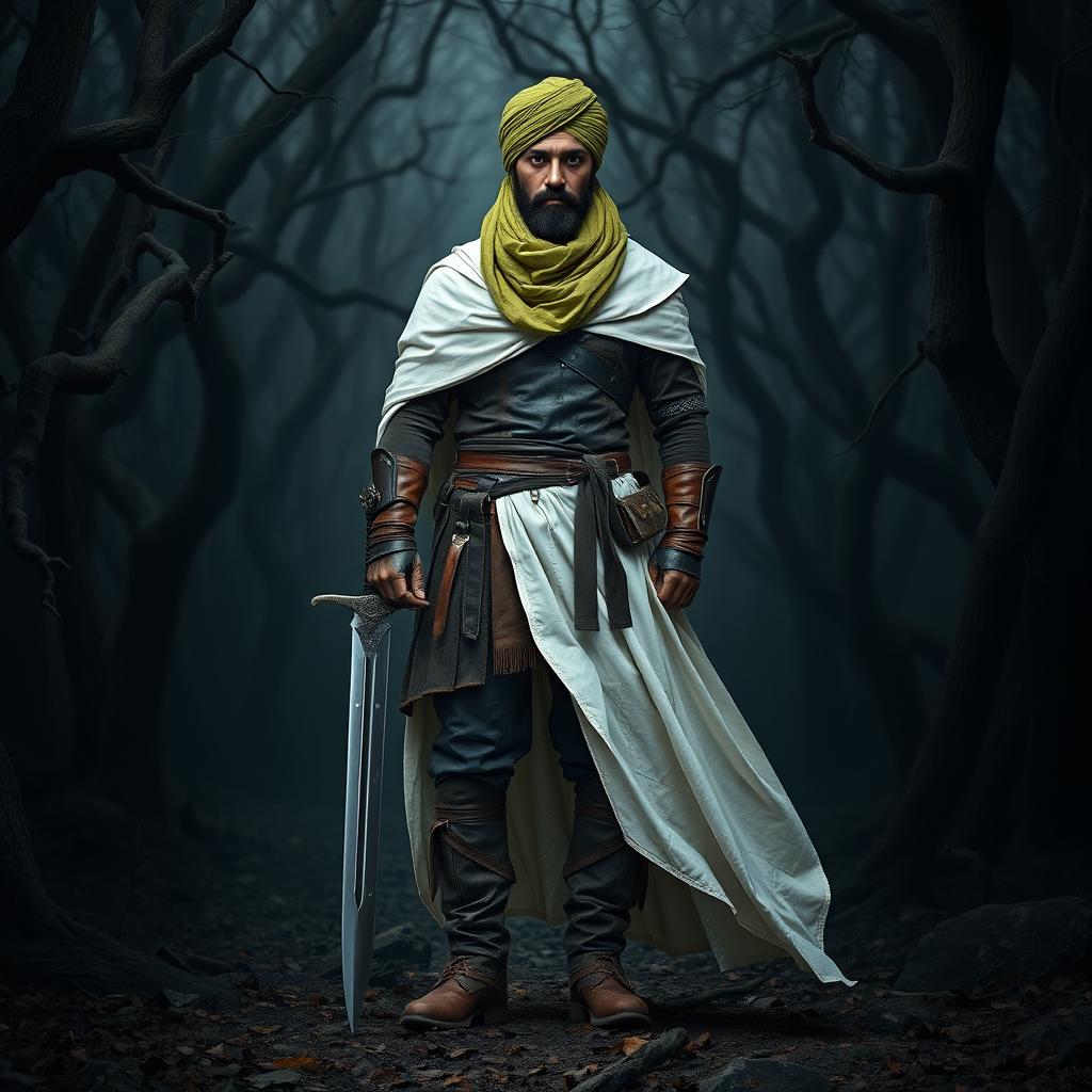 A man wearing a flowing white cloak and a vibrant green turban-like scarf stands confidently with his back to a dark and eerie forest