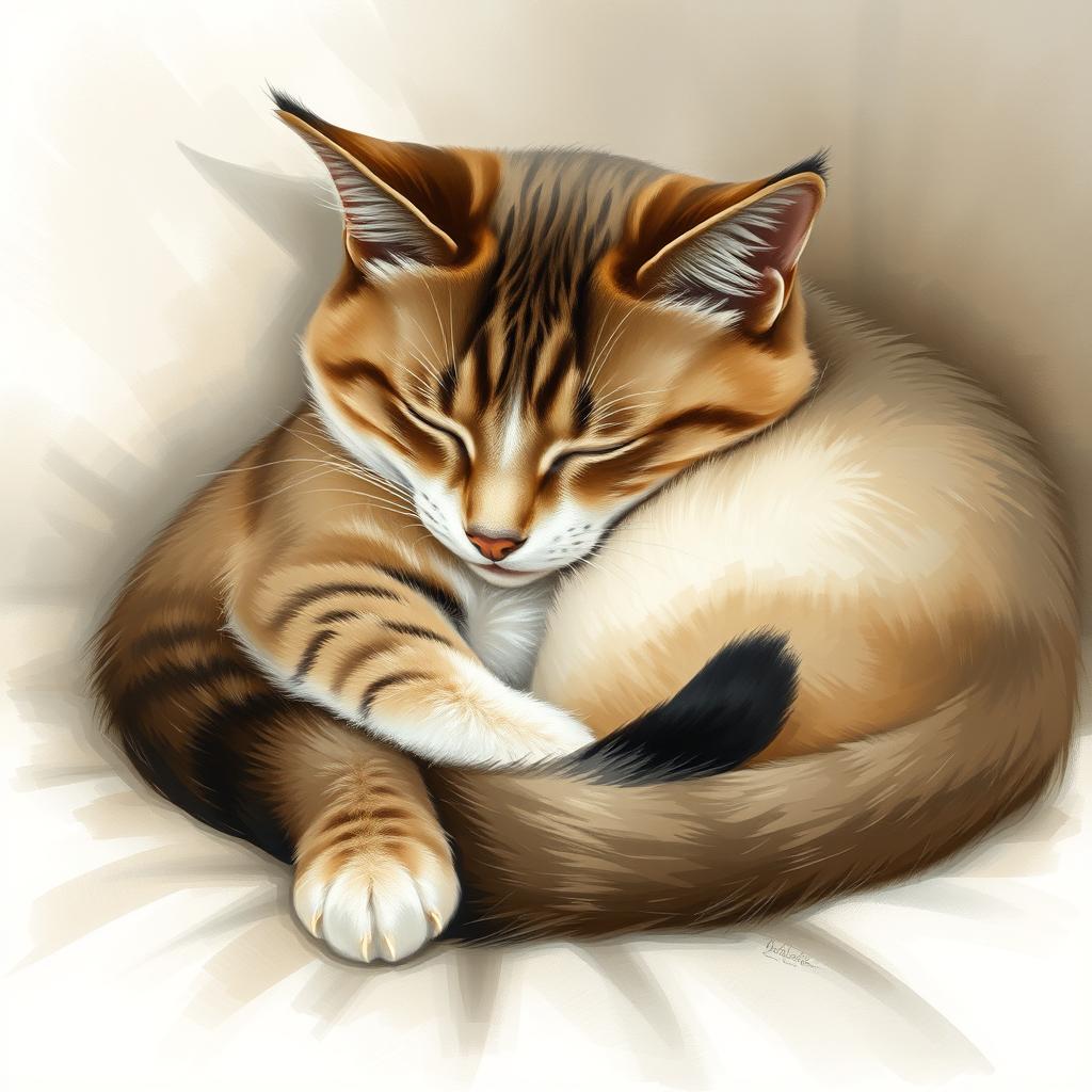 Un gato siamés dormido enroscado, con un pelaje notablemente esponjoso, que resalta su belleza distintiva