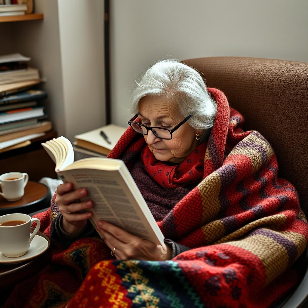 An elderly woman, known as 'Naneh Amineh', wearing glasses and reading a book while comfortably nestled under a cozy blanket